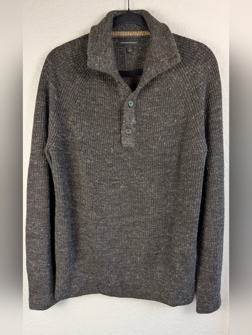 Banana Republic Mens Sweater L Wool Blend Half Button Neck Grayish Brown